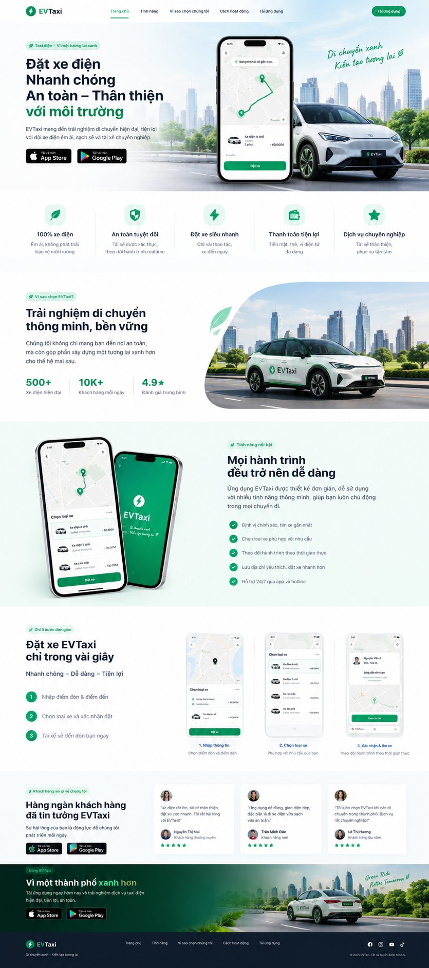 Website taxi điện EVTaxi với khu vực đặt xe và tải ứng dụng