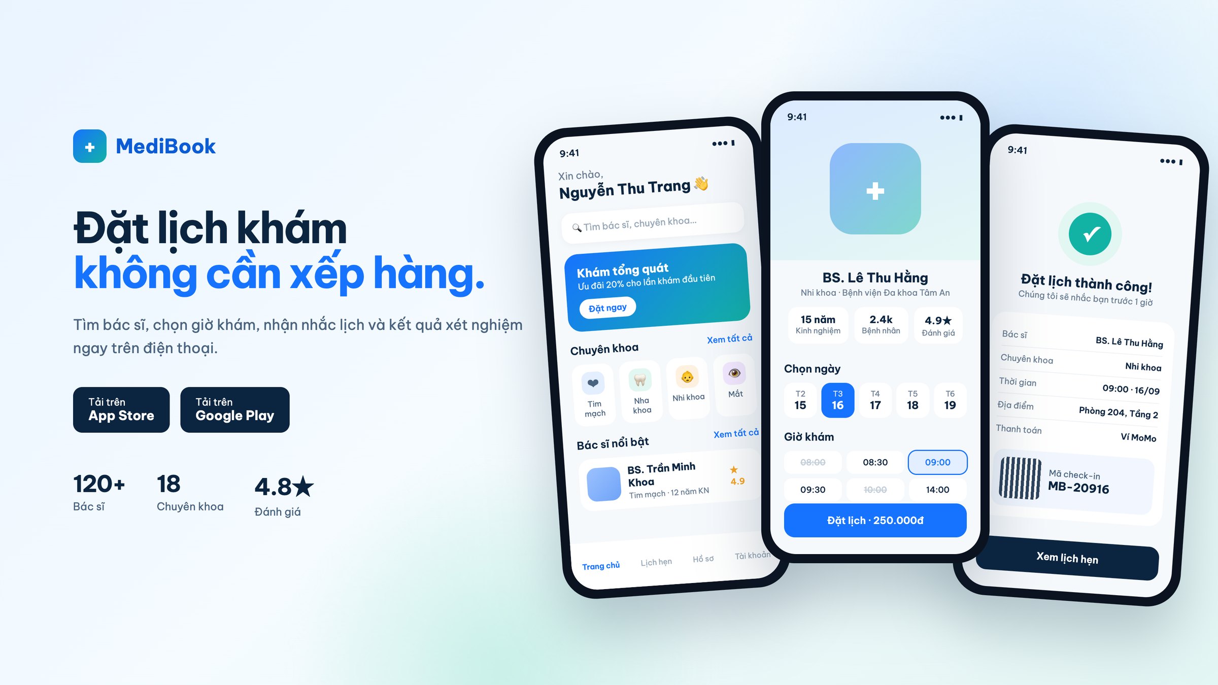 Ứng dụng đặt lịch khám MediBook: trang chủ, hồ sơ bác sĩ và xác nhận lịch hẹn